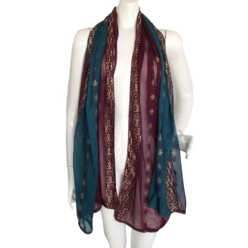 Large Scarf/Wrap, 74x34, Teal/Berry, Embroidered, Lightweight, Cover-up - Picture 3 of 7